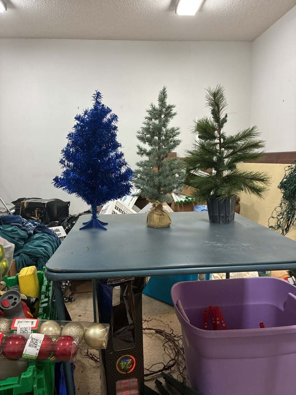 Set of 3 Decorative Mini Artificial Christmas Trees (Metallic Blue, Burlap Base,
